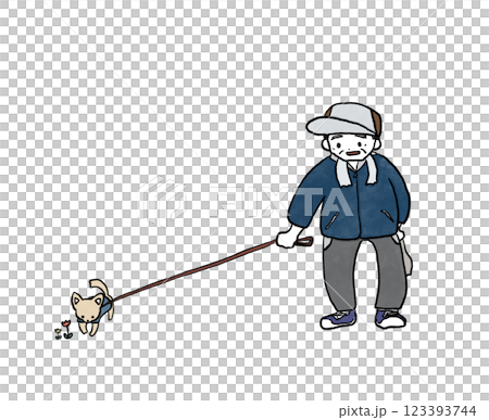Illustration of an old man walking with a dog Illustration of an old man walking with a dog 123393744