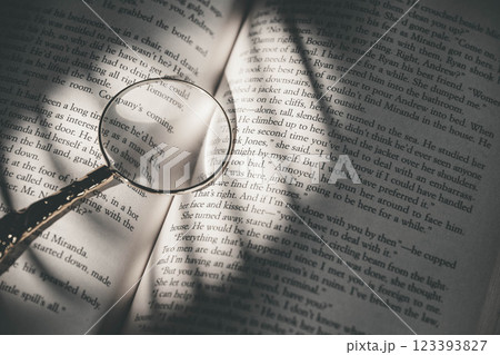 洋書に窓辺から差し込む光とルーペとドライフラワー 洋書に窓辺から差し込む光とルーペとドライフラワー 123393827