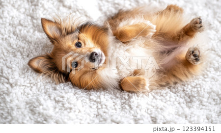 カーペットで寝転ぶシェットランドシープドッグの子犬 123394151