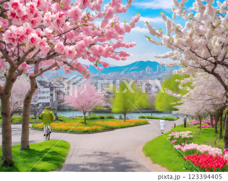 満開の桜並木の公園を散歩するシニア 満開の桜並木の公園を散歩するシニア 123394405