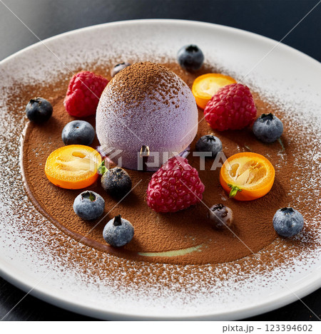 A beautifully presented dessert features fresh berries chocolate curl and ice cream on a white plate 123394602