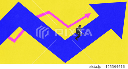 Modern artwork. Entrepreneur riding on fluctuating stock chart arrows against bright yellow background. Concept of sales, marketing. Modern artwork. Entrepreneur riding on fluctuating stock chart arrows against bright yellow background. Concept of sales, marketing. 123394616