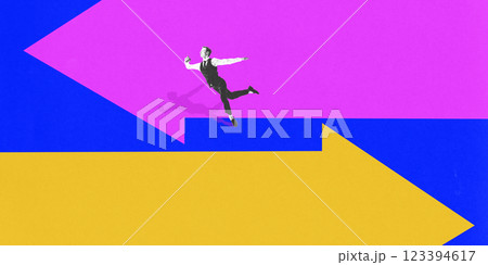 Conceptual art collage. Businessman running along diverging arrows while checking phone against vivid backdrop. Concept of sales strategy and market 123394617