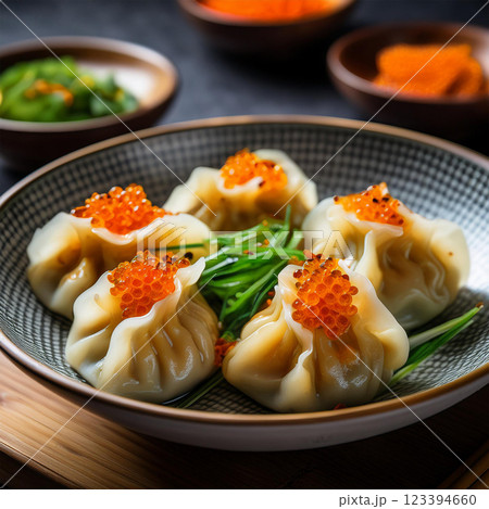 Exquisite Dumplings Garnished with Orange Roe Exquisite Dumplings Garnished with Orange Roe 123394660