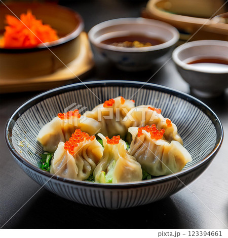 Exquisite Dumplings Garnished with Orange Roe Exquisite Dumplings Garnished with Orange Roe 123394661