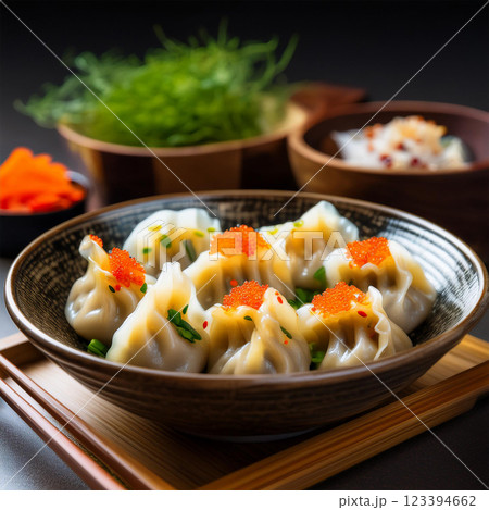 Exquisite Dumplings Garnished with Orange Roe Exquisite Dumplings Garnished with Orange Roe 123394662