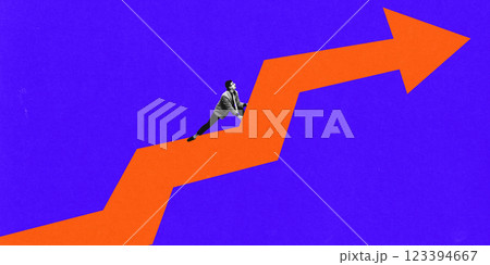 Contemporary artwork. Businessman pushing upwards on financial arrow, symbolizing hard work and economic success against blue backdrop. 123394667