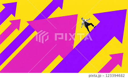 Contemporary art collage. Businessman balancing on large rising arrow amid multiple upward arrows against yellow background. Contemporary art collage. Businessman balancing on large rising arrow amid multiple upward arrows against yellow background. 123394682