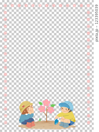 Boy and girl planting cherry blossoms A4 pink 123395039