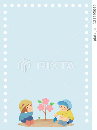 桜を植える男の子と女の子　A4ブルー 123395040