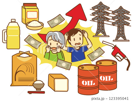米などの食料品やガソリン・電気代の値上げに頭を抱える人々 123395041