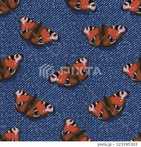 Seamless denim pattern with peacock butterfly with spread wings. Top view. Boho style. Grunge textured background. 123395303