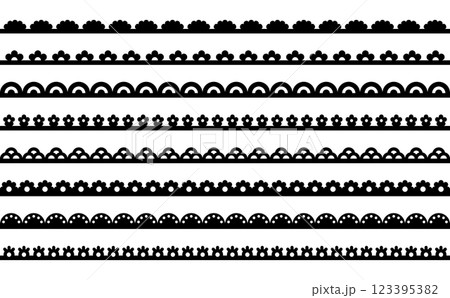 Scallop lace line. Frame border with pattern. Ribbon with ornament on fabric. Set of vector illustrations with stripes isolated on white background. 123395382