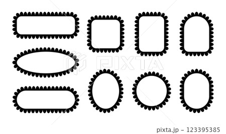 Frame scallop lace edge. Border round and rectangle with curly pattern. Set of black vector illustrations. Frame scallop lace edge. Border round and rectangle with curly pattern. Set of black vector illustrations. 123395385