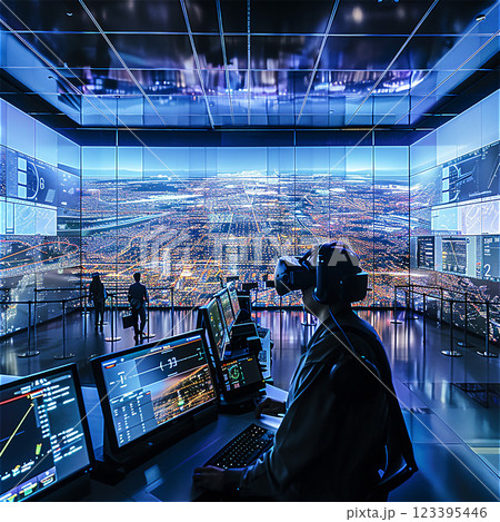 Futuristic control room with VR technology and advanced digital interfaces. High quality photo 123395446