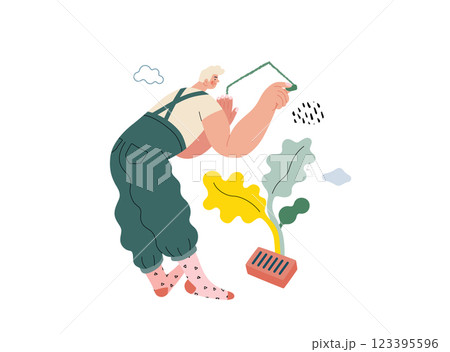 Life Unframed: Painter -modern flat vector concept illustration of a man drawing a house on the wall. Metaphor of unpredictability, imagination, whimsy, cycle of existence, play, growth and discovery 123395596