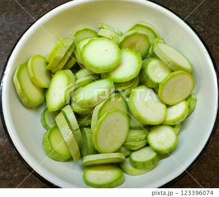 sliced fresh zucchini prepared for frying in a pan sliced fresh zucchini prepared for frying in a pan 123396074
