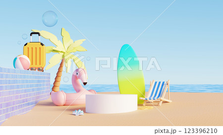 3D render, Summer podium background with colorful beach scene with flamingo float, surfboard, and suitcase 123396210