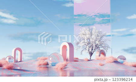 3D render, Surreal landscape with pink arches, glass spheres, and a white tree in dreamy background 123396214