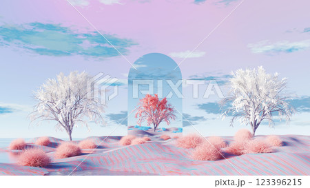 3D render, Surreal landscape with white and pink trees, reflecting arch, and dreamy clouds background 123396215