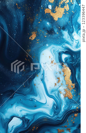 Abstract Blue, black and Gold Marble Swirl Design with Vibrant Colors and Texture for Art 123396447