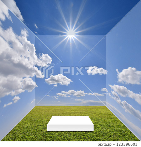輝く太陽と緑の芝生、展示台がある青空ボックス 123396603