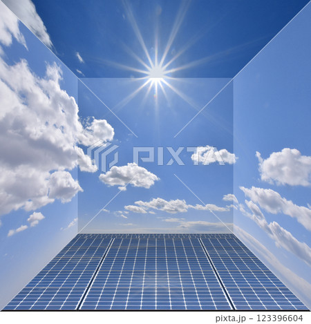輝く太陽とソーラーパネル、エコな青空ボックス 輝く太陽とソーラーパネル、エコな青空ボックス 123396604