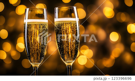 2杯のシャンパングラスと金色のイルミネーションボケ背景（生成AI画像） 123396696
