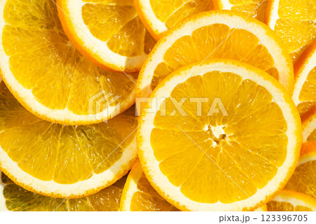 Sliced Rings Fresh Ripe Orange Top View. 123396705