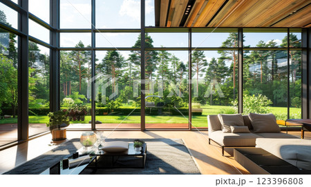 Modern living room with expansive floor-to-ceiling windows overlooking lush green garden Modern living room with expansive floor-to-ceiling windows overlooking lush green garden 123396808