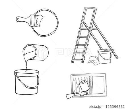 Painter tools composition set. Vector graphic line ink illustration of step ladder, brushes, color cans, rollers and paint tray, isolated  123396881