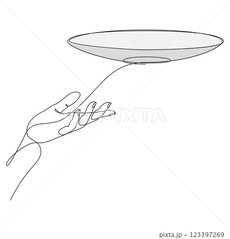 Continuous one line drawing of hand holding empty plate. Single line vector illustration. Continuous one line drawing of hand holding empty plate. Single line vector illustration. 123397269