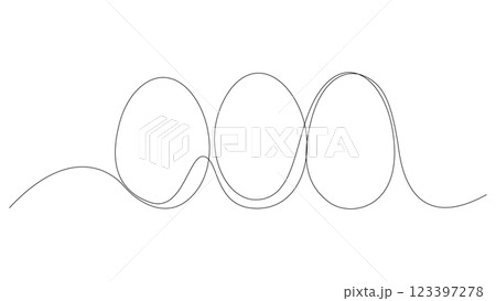 Continuous one line drawing of three eggs. Black and white minimalist line design element for Easter holidays. Vector illustration, editable stroke. Continuous one line drawing of three eggs. Black and white minimalist line design element for Easter holidays. Vector illustration, editable stroke. 123397278