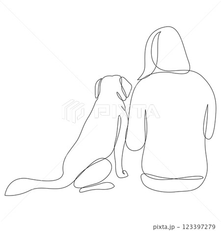 continuous line drawing of woman and dog sitting together and looking into the distance, rear view. Outdoor person with pet Labrador, bonding and friendship concept, one line art. Editable stroke. continuous line drawing of woman and dog sitting together and looking into the distance, rear view. Outdoor person with pet Labrador, bonding and friendship concept, one line art. Editable stroke. 123397279