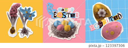 Happy Easter compositions set. Collection festive pop art mixed media collages. Card, cover, poster collection in modern bright abstract style with eggs, nest, flowers. Vector holiday illustration. 123397306