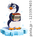 Teacher bird penguin standing on ice floe and holding stack of books 123397403