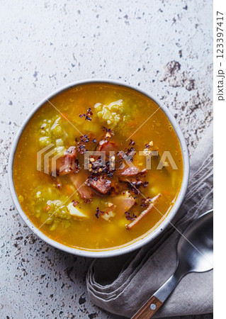 Split pea soup with ham. 123397417