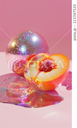 Peach slice with sparkling orb on pink background, abstract glossy art. Modern fruit and glamour concept 123397520