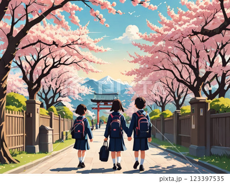 入学式の桜と校門 123397535