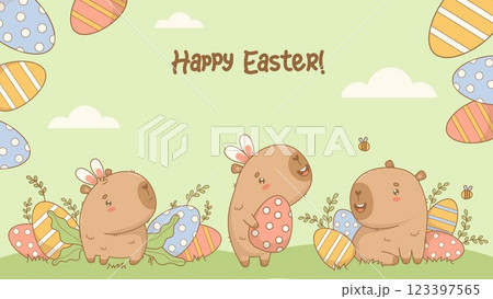 Happy Easter poster. Cute cartoon Capybaras in bunny ears with decorative paschal eggs. Holiday cool kawaii animal on green background. Horizontal banner congratulation. Vector illustration Happy Easter poster. Cute cartoon Capybaras in bunny ears with decorative paschal eggs. Holiday cool kawaii animal on green background. Horizontal banner congratulation. Vector illustration 123397565