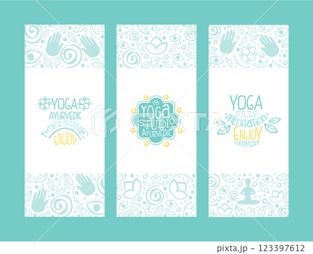 Yoga Ayurvedic Medicine Studio Banner Templates Set, Enjoy Yoga Meditation Studio Hand Drawn Vector Illustration 123397612