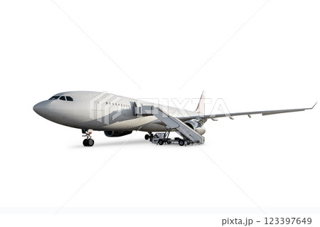 Wide body passenger plane with staircase isolated on white background Wide body passenger plane with staircase isolated on white background 123397649