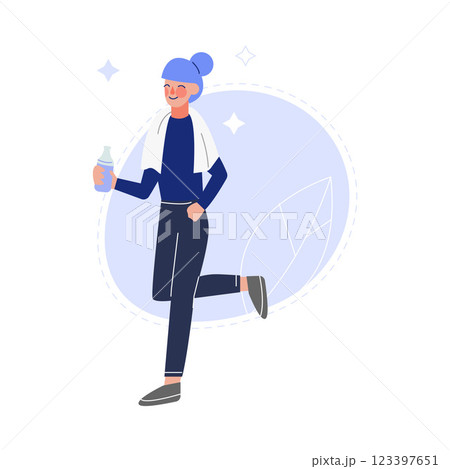 Young Woman Doing Sports and Drinking Fresh Clean Water from Bottle to Keep Body Healthy Vector Illustration 123397651