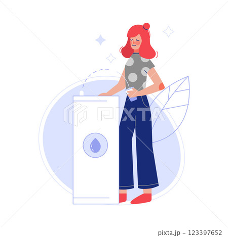 Young Woman Drinking Fresh Clean Water at the Cooler in the Office Vector Illustration 123397652
