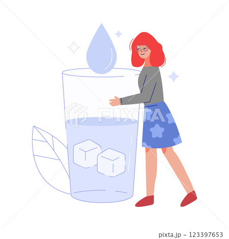 Young Woman Drinking Fresh Clean Water from Big Glass to Keep Body Healthy Vector Illustration 123397653