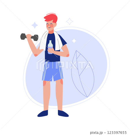 Male Athlete Drinking Fresh Clean Water from Bottle to Keep Body Healthy Vector Illustration 123397655