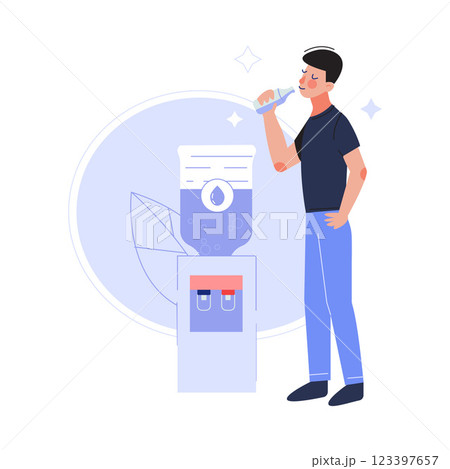 Young Man Drinking Fresh Clean Water at the Cooler in the Office Vector Illustration Young Man Drinking Fresh Clean Water at the Cooler in the Office Vector Illustration 123397657