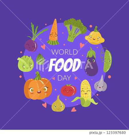 World Food Day Banner Template with Cute Cheerful Vegetables Cartoon Characters Vector Illustration 123397680