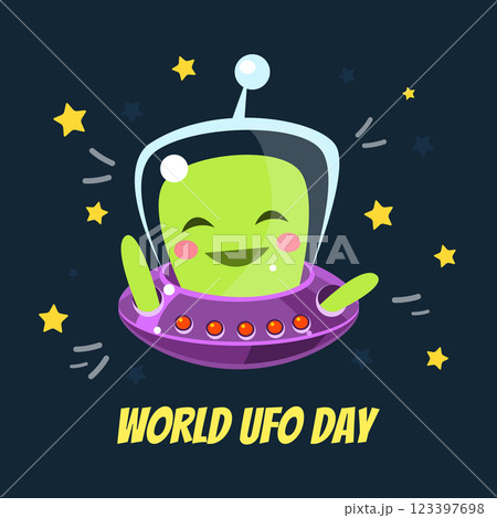 World UFO Day Banner Template with Cute Funny Alien in Spaceship Vector Illustration 123397698