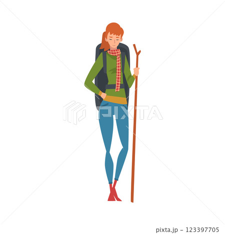 Smiling Woman with Backpack and Staff, Summer Outdoor Activity, Travel, Camping, Backpacking Trip or Expedition Vector Illustration 123397705